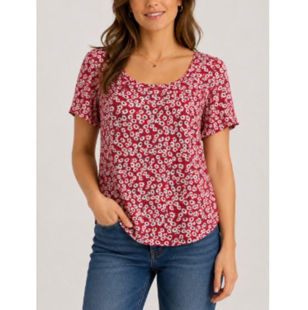 New Lucky Brand Women's Red Short Sleeve Floral Round Neck Top Size Large